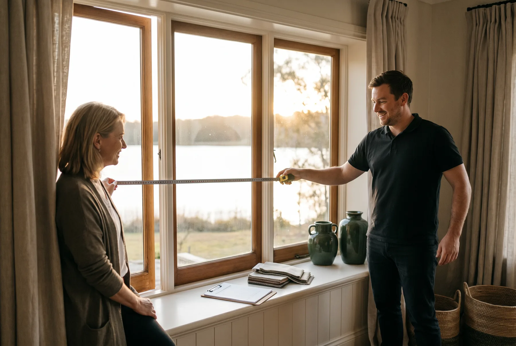 A shutter installer measuring a wide window with a steel tape while the homeowner watches, lake light behind them