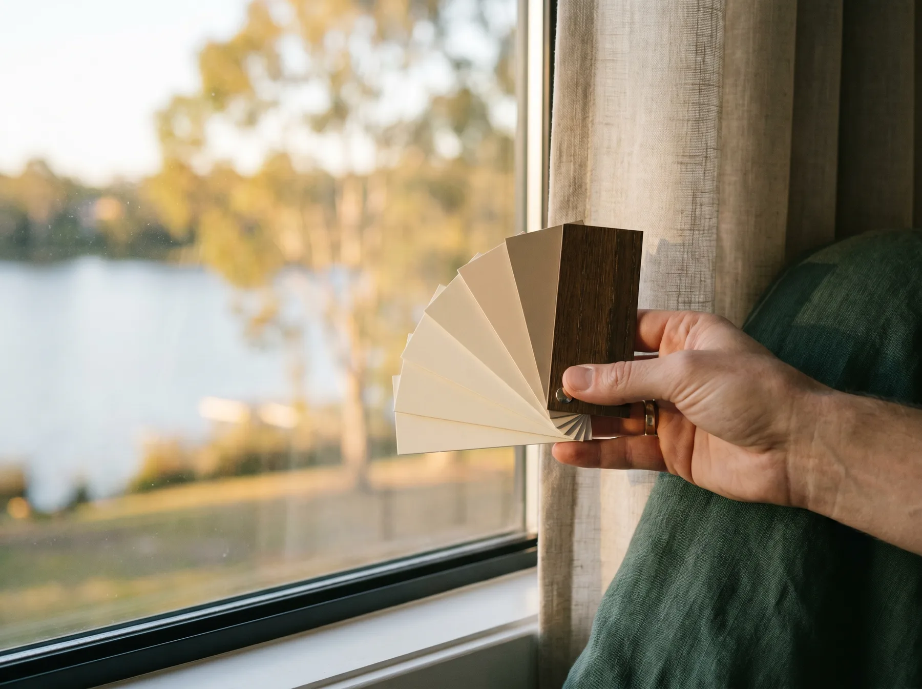 A fan of louvre colour samples held up in a customer's own window light with the lake soft behind