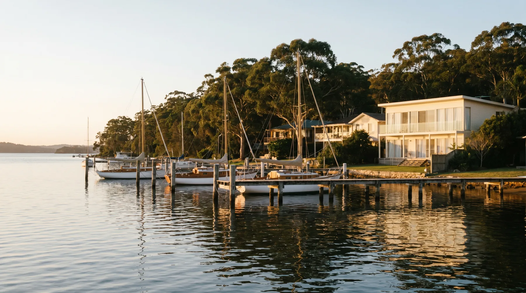 Moored yachts and a timber jetty on the Lake Macquarie foreshore at Belmont in golden light