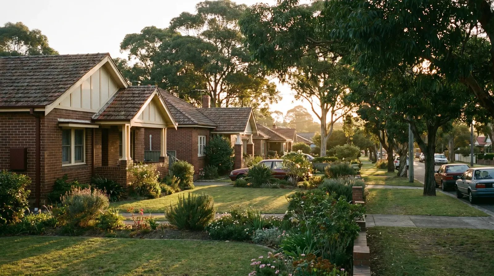 An established leafy street of brick homes in Charlestown in afternoon light
