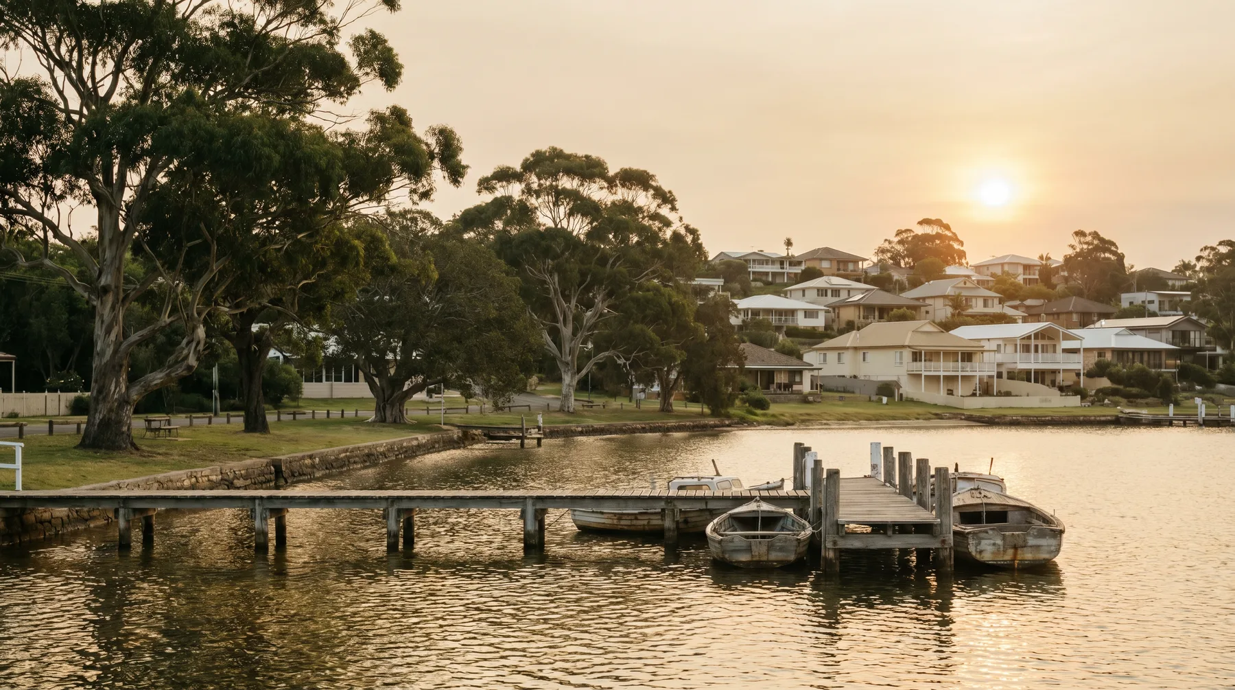 The Toronto foreshore on Lake Macquarie's western shore, boats and big trees at the waterfront