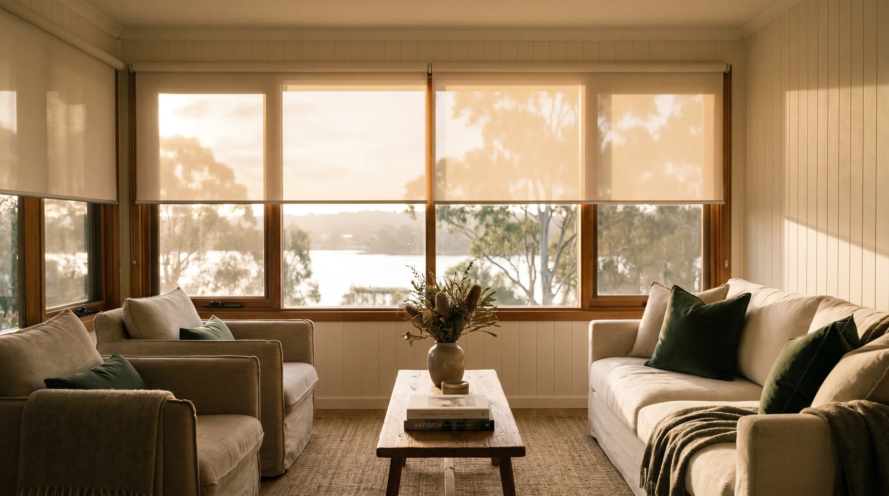 Sheer roller blinds softening low sun over a wide window