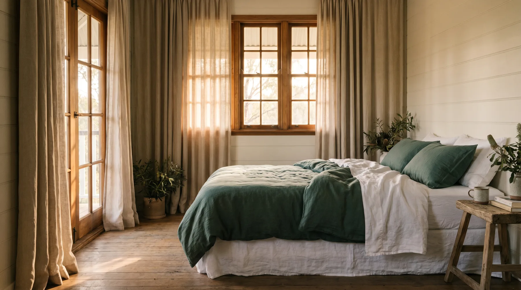 Linen curtains in late golden light in a bedroom