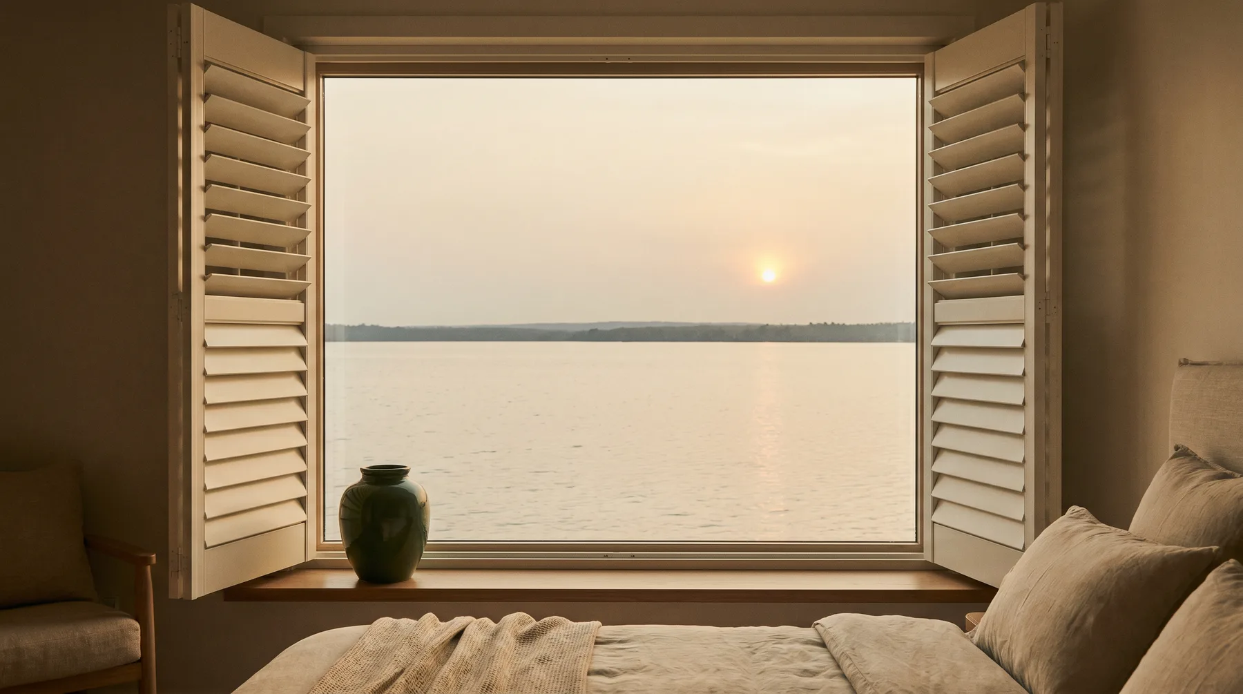 Wide louvres open with the lake horizon in a clear band