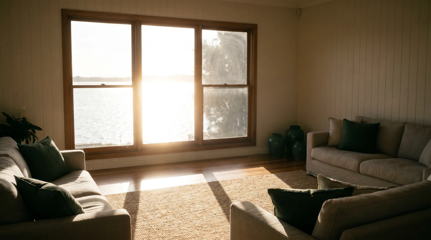 Harsh glare flaring through a bare west-facing window over water