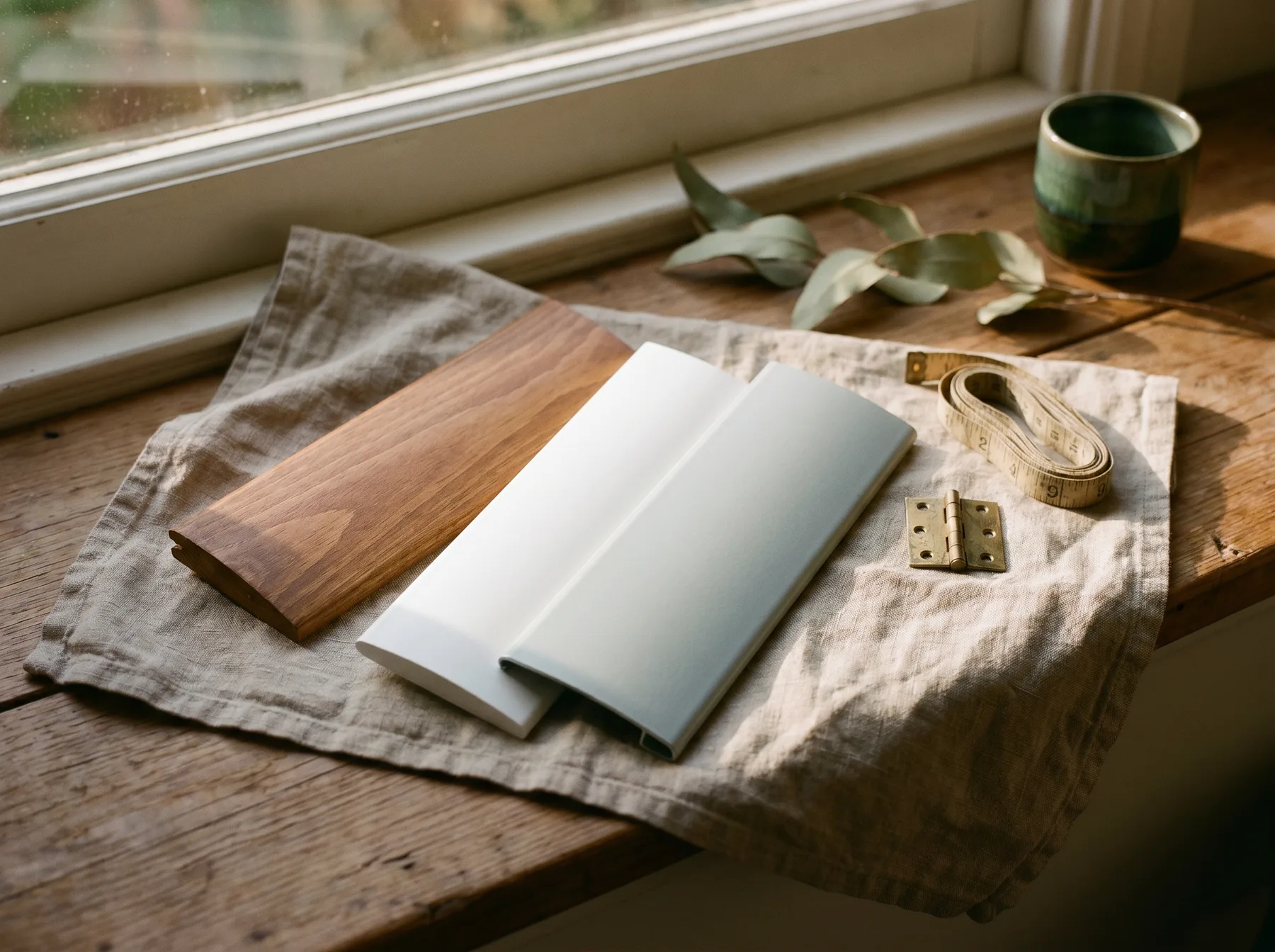 Timber, PVC and aluminium louvre samples on a linen cloth