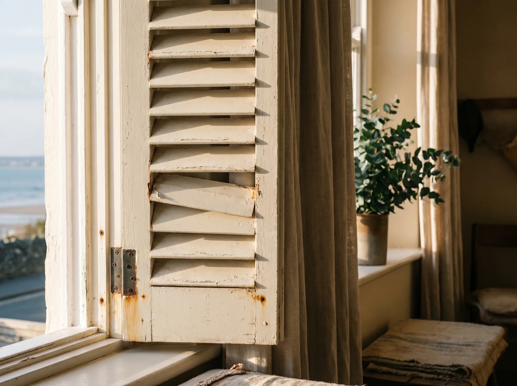 An ageing shutter with a sagged louvre and rusting screws