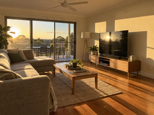 A living room in late afternoon, low golden sun streaming flat through a west-facing sliding glass door across a timber floor and a fabric couch