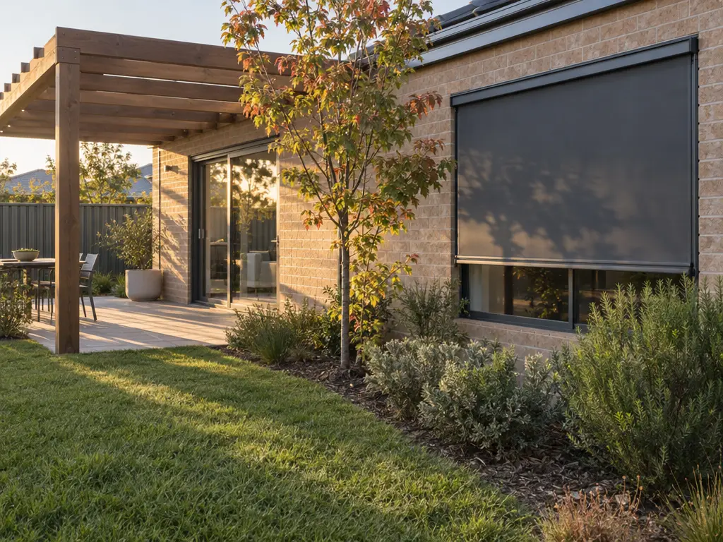 The exterior west wall of a single-storey Australian brick-veneer home in late afternoon. A timber pergola projects from the wall, and low sun slants in beneath its beams onto a sliding glass door. Beside it, a second window has a lowered fabric external vertical blind casting it into shade. A young deciduous tree and native shrubs are planted along the wall. A Colorbond fence runs behind.