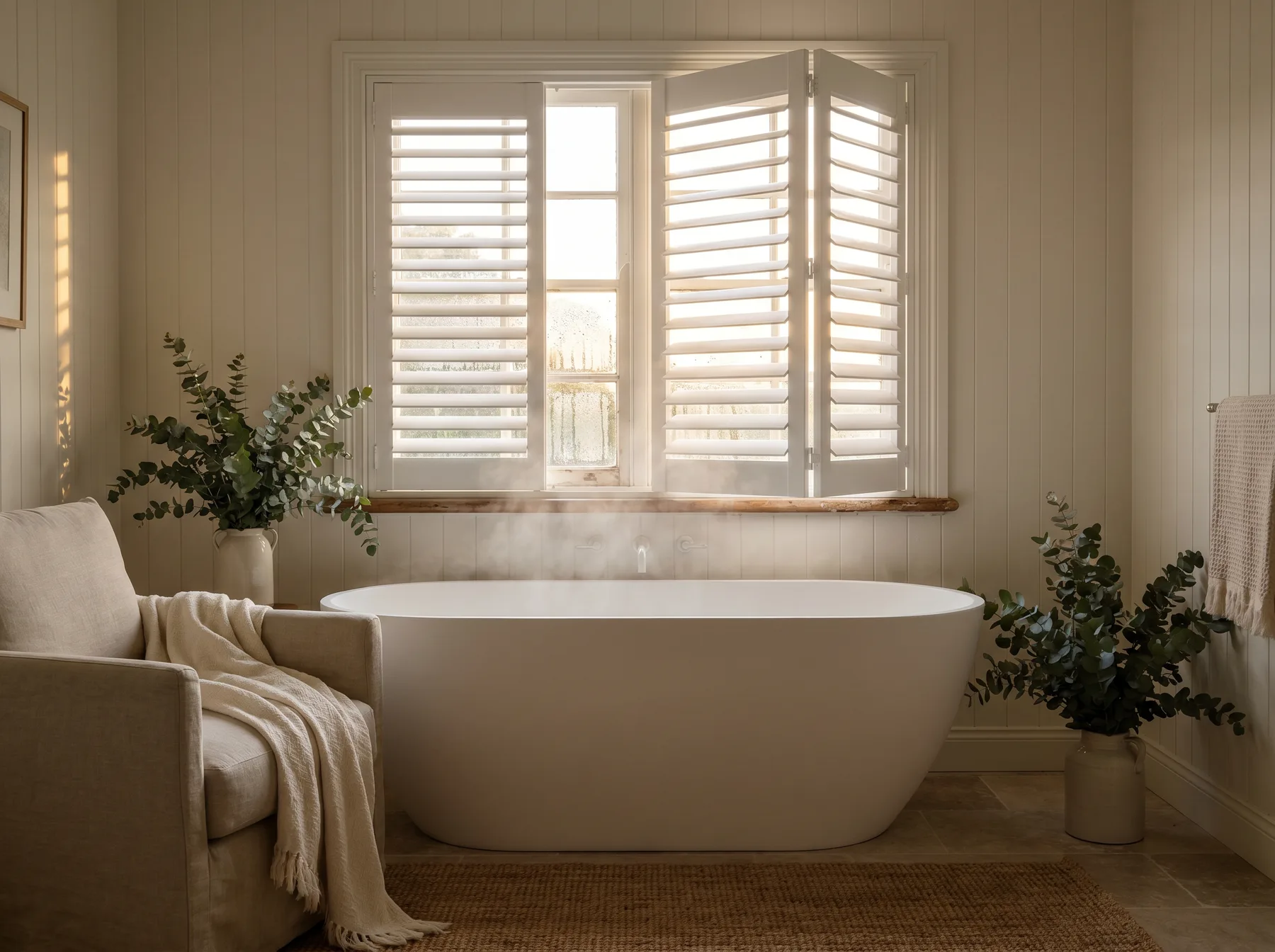White waterproof shutters above a bath in a bright bathroom