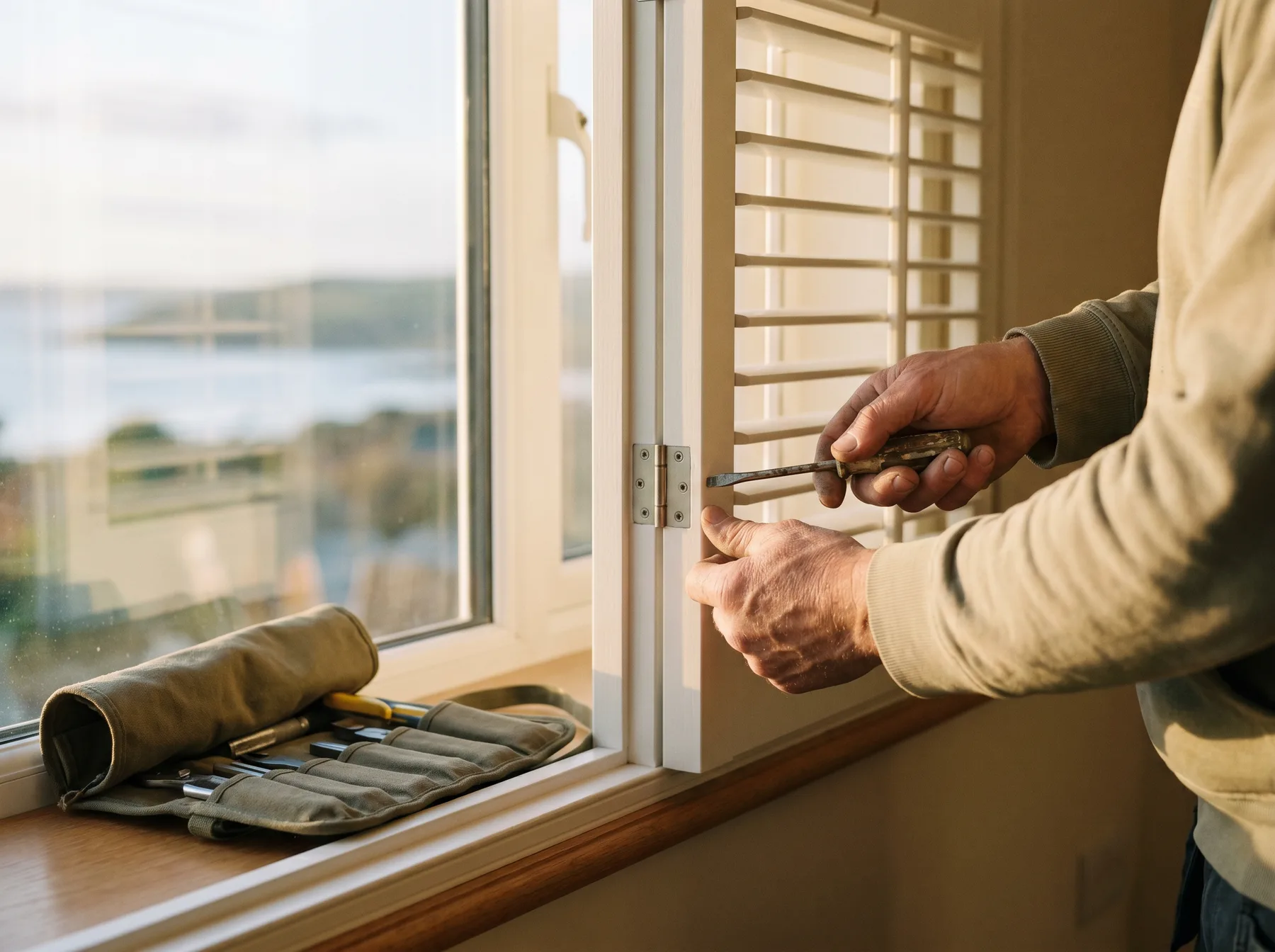 Hands adjusting a hinge on a white shutter panel at a bright window