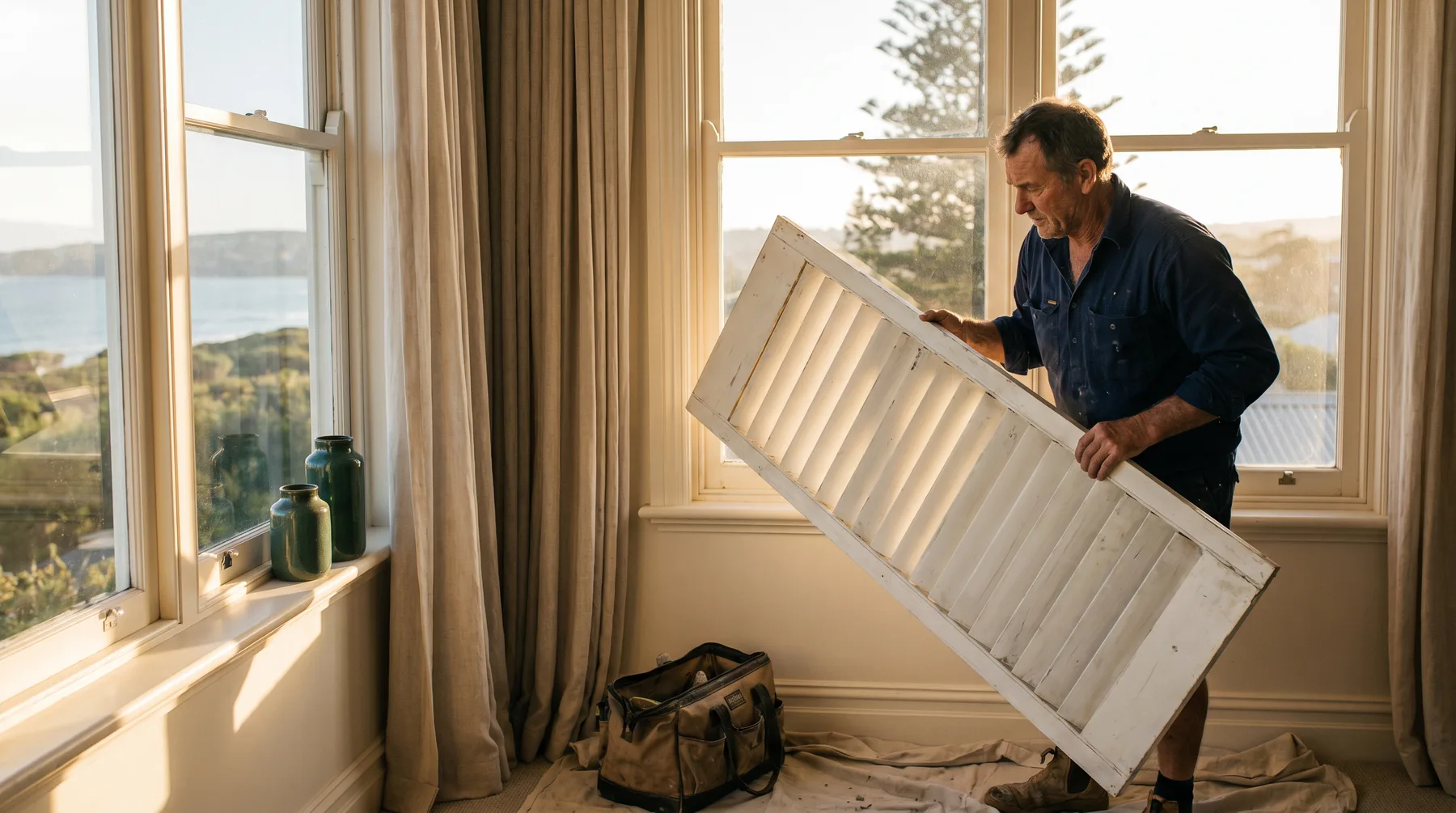 A tradesman lifting an older shutter panel off its hinges