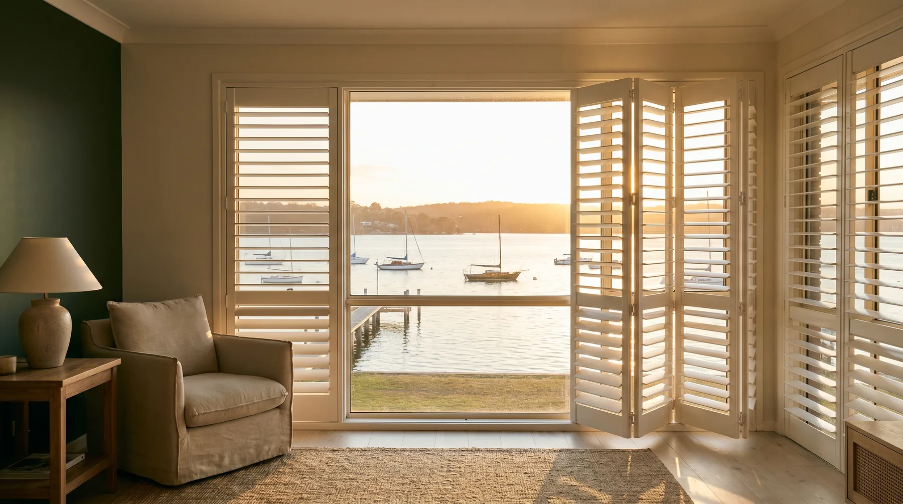 Wide made-to-measure shutters folded back from big glass with the lake beyond