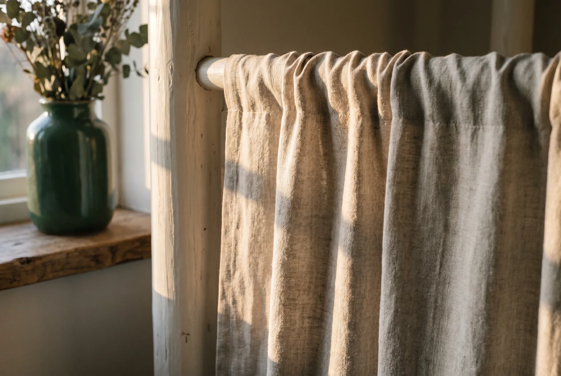 Natural linen curtain fabric gathered at a timber pole in raking golden light