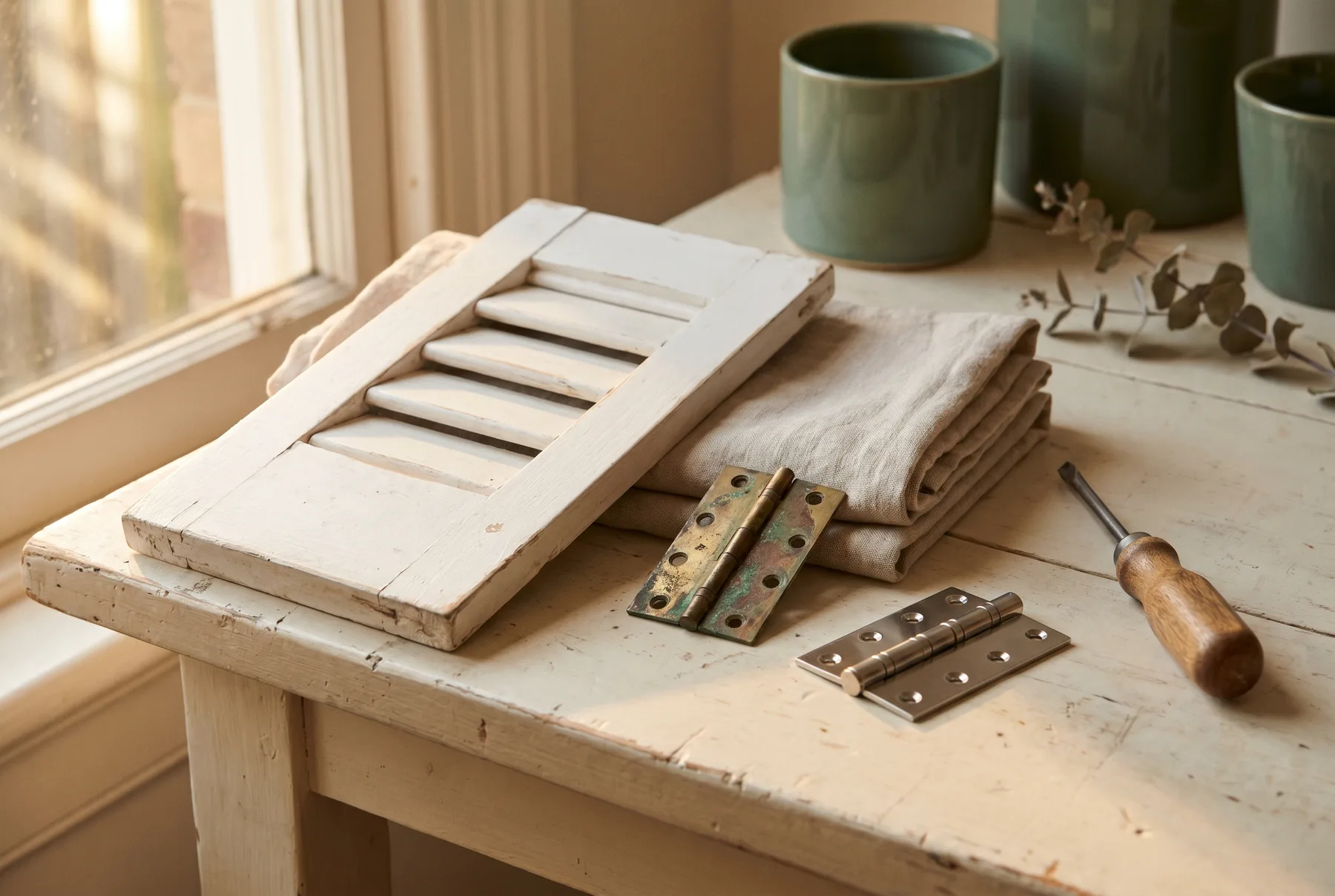 Spare louvre blades, a corroded hinge and a new stainless replacement laid out on a bench