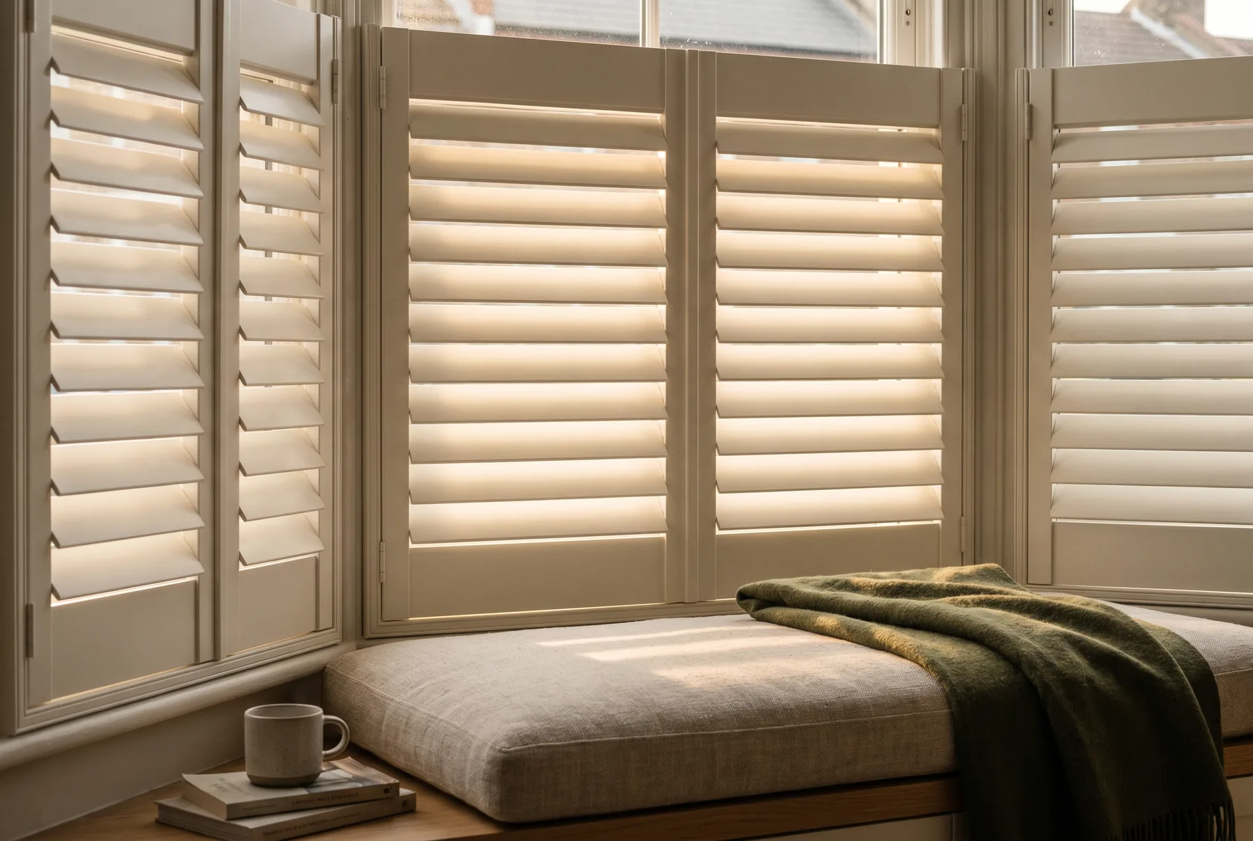 White plantation shutters with evenly tilted louvres in a bay window